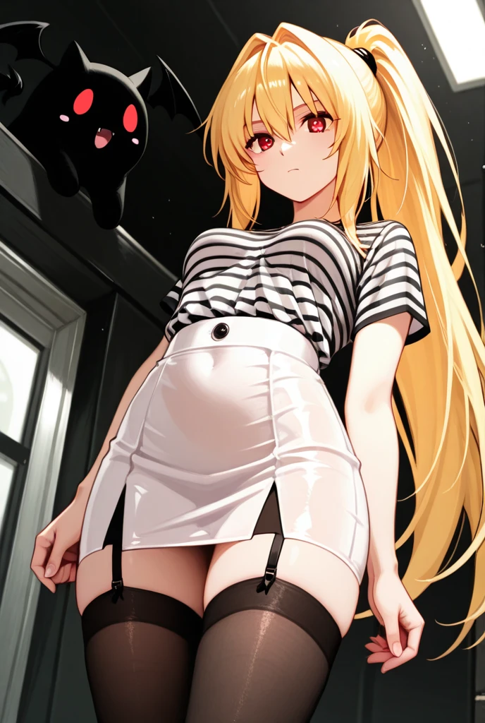 NSFW,masterpiece,Highest quality,High resolution,Very detailed,Golden Darkness\(To Love-Ru\),Blonde,Red eyes,long hair,Two Side Up,Small breasts,Black Dress,Sleeveless,Removable sleeves,belt,Cleavage cutout,Cutouts for clothes,Thigh straps,Knee socks,hair ornaments,(Lustful face),expectant face,blush,Night School,classroom,machine,(Seduce),Leaning forward,machineに手を着く,From the back,sexual excitement