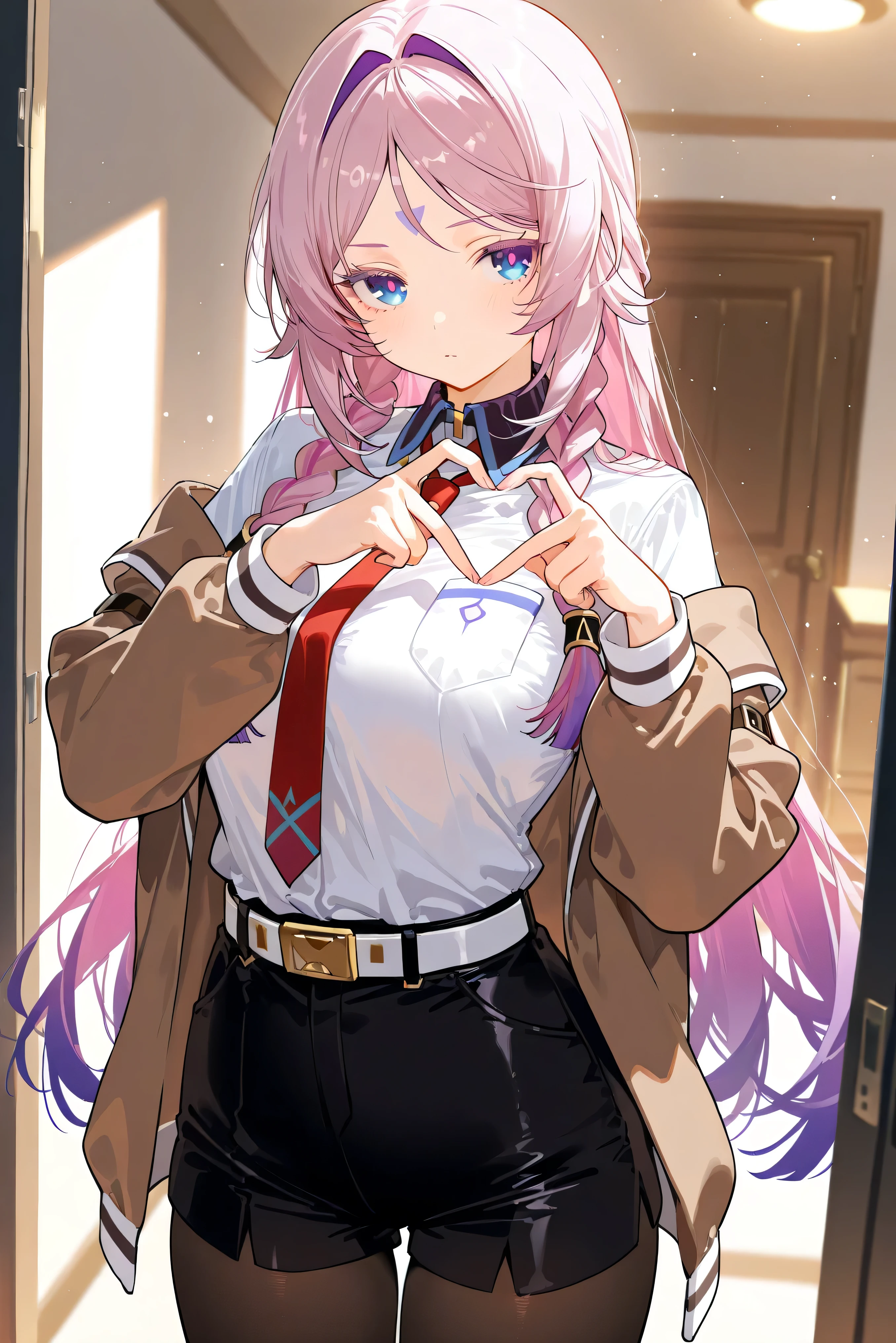 score_9, score_8_up, score_7_up, masterpiece, best quality, very aesthetic, absurdres, tunning image, light particles, attractive image, 1girl, solo, adult grown woman, citlali \(genshin impact\), pink hair, purple hair, multicolored hair, twin braids, hair intakes, blue eyes, forehead mark, lavender eyelashes, pink pupils, long hair, colored eyelashes, masterpiece,best quality,amazing quality, 5 fingers, alternate costume, Makise Kurisu uniform, brown jacket, off shoulder, red necktie, white shirt, collared shirt, breast pocket, long sleeves, shirt tucked in, white belt, black shorts, short dress, pantyhose under shorts, black pantyhose, 4-finger heart hands,