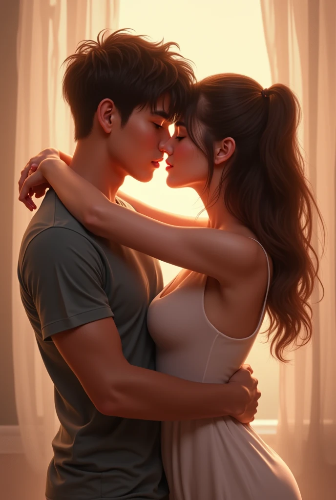 (32K:1.9, Highest quality, masterpiece, Ultra-high resolution), Perfect dynamic composition:1.3, Highly detailed skin and facial textures:1.3, Cute sexy slim Japanese schoolgirl, (Slimman, Height about 180cm), (They both close their eyes, Man hugging woman:1.3), Fair skin, ((Clarity:1.1)), (Man is anime「Marmalade Boy」Play:1.3, Light yellow hair, beautiful目:1.3), (The woman is wearing a brown uniform with a light blue tie.:1.3, Straight black hair.:1.3, smile:0.9, A man completely charms a woman:0.9, beautiful Blue Eyes, beautiful, Clear Eyes:0.8), Sexy Face:0.4, blush:1.1, (beautifulエロティシズムを醸し出す雰囲気:0.8), Professional random camera work, Cinematic Lighting Effects, (Full Body Shot), (Too erotic), romantic, mysterious, Object of admiration, original, dramatic, artistic, Innovative, charm, Heartful, Fancy, Tilt, sense of loss, special, exciting, Extreme, sense of openness, joy, joyの表現, ((若さのcharm, 女性的なcharm))