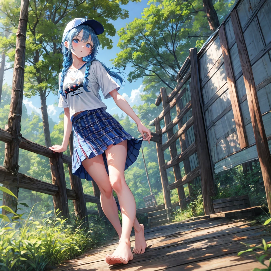 blue hair、blue eyes raid、one good looking girl、solo、and soul、plaid mini skirt、I don't wear underwear、Wet and see-through white T-shirt、Wet and see-through camisole、forest、sunlight、barefoot、tilt one&#39;s face、walk、Cross the log bridge while keeping your balance、doing ribbon、have a twig、climb the wooden stairs、shot from below、