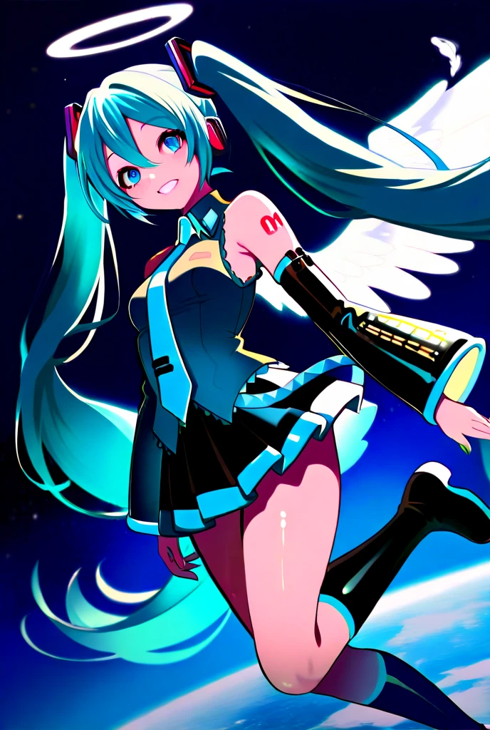 (masterpiece, best quality), 1girl,  beautiful face,   <lora:nymph-lora-nochekaiser:1> nymph, blue eyes, blue hair, long hair, long twintails, robot ears, twintails, two side up, wings, arm support, boots, chain, collar, garter straps, gloves, thighhighs,
