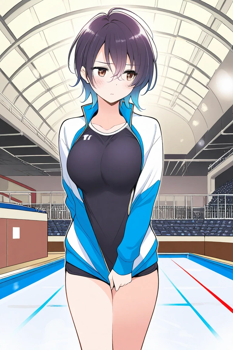 score_9, score_8_up, score_7_up, source_anime, rating_explicit,
1girl, solo, cute, shy, embarrassed, (looking away:1.0), facing viewer,
ponytail, competition swimsuit, adjusting swimsuit, (wedgie:1.19), (partially visible vulva:1.08), (pussy peek:0.8), excessive pubic hair peek, medium breasts, sideboob,
standing, straight-on,
cowboy shot,
by horosuke,
nsfw,