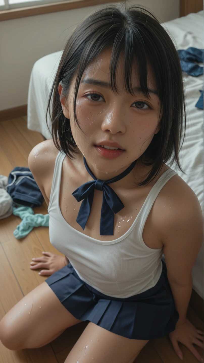 (best quality:1.2), masterpiece, Realistic, (Photo of a beautiful Japanese idol woman:1.2), (Gaunt:1.3), (((Very flat chest:1.4))), ((Baby Face)), (Wearing a sleeveless shirt), ((Show your sweaty armpits))), More about super smelly armpits, ((There are a lot of wrinkles under the armpits:1.4)), She has skin that sweats easily, ((Armpits are wet and shiny with sweat)), ((Upper Body)), Hold on to the railing of a train, Show your armpits, (Inside the train:1.3), (Crowded train:1.3)