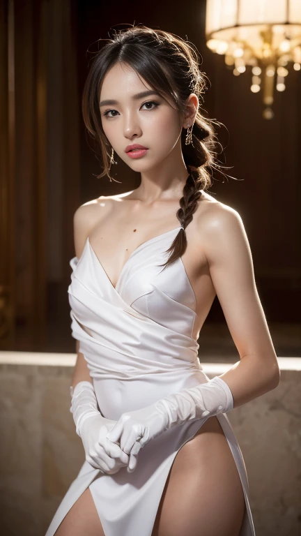 best quality, masterpiece, (photorealistic:1.4), 1girl, cowboy shot, luxury elegant bare shoulder dress, dramatic lighting, hair over shoulders, white gloves, , luxury hall background, night, asian face, braid hair, small breasts