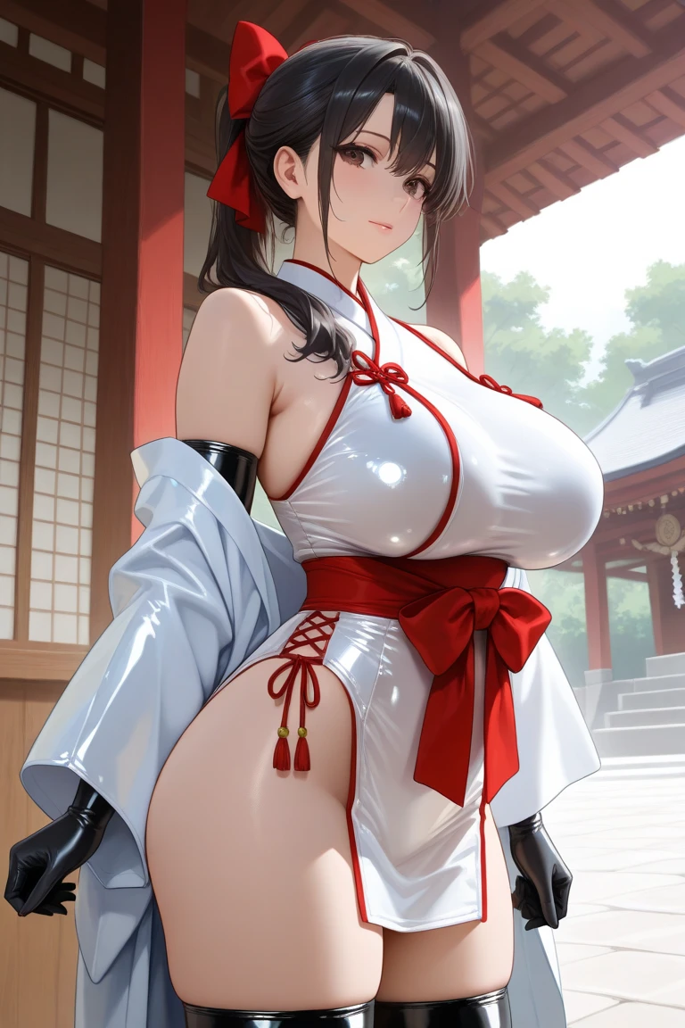 masterpiece, best quality, highres, cowboy shot, beautiful face, top body is hyper realistic thicc muscle and hyper largest_breasts!! with the type of squeeze boobs_melons, lower is huge buttocks, shiny busty body, 1girl, yae miko kimono shorts open.
