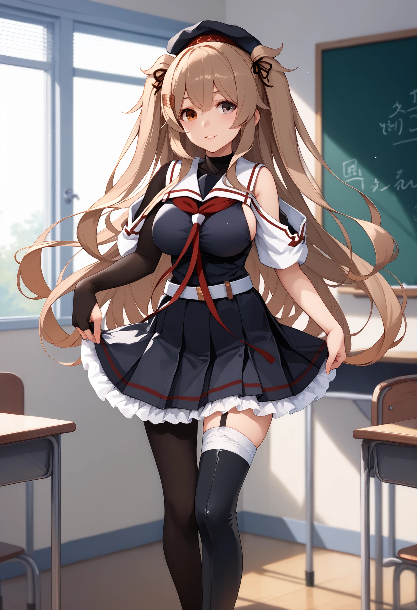 Murasame (KANCOLLE)、(Murayama Nikkantai collection),  light brown hair, 1 girl, solo, long hair, chest,hair ornament, , Red right eye, Brown Left Eye,, ribbon, uniform, hair ribbon, pleated skirt, sailor suit, hair clip, black thigh high socks, transparent ear cover, Black Skirt, two side up, heterochromia, ruffle skirt,  hair flap, Red Neckerchief, Asymmetric Legwear, black sailor suit, uneven leg attire, asymmetrical clothes, white belt,black headwear,heterochromia, beret,sailor collar,bear shoulder,Inside is black,, classroom background, Big Breasts, slender body,  full body shape ,