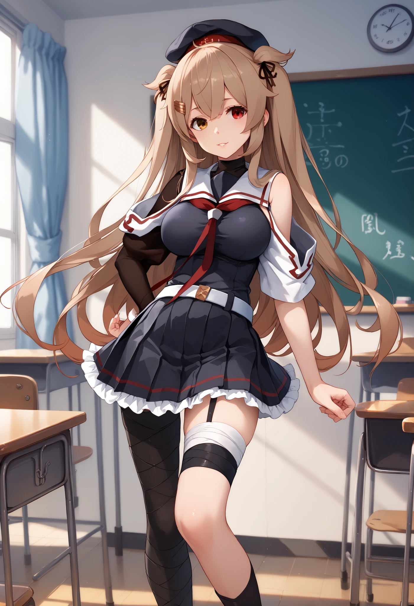 Murasame (KANCOLLE)、(Murayama Nikkantai collection), light brown hair, 1 girl, solo, long hair, chest,hair ornament, , Red right eye, Brown Left Eye,, ribbon, uniform, hair ribbon, pleated skirt, sailor suit, hair clip, black thigh high socks, transparent ear cover, Black Skirt, two side up, heterochromia, Frilled Skirt, hair flap, Red Neckerchief, Asymmetrical Legwear, black sailor suit, uneven leg attire, asymmetrical clothes, white belt,black headwear,heterochromia, beret,sailor collar,bear shoulder,Inside is black,, classroom background, Big Breasts, slender body, full body shape ,