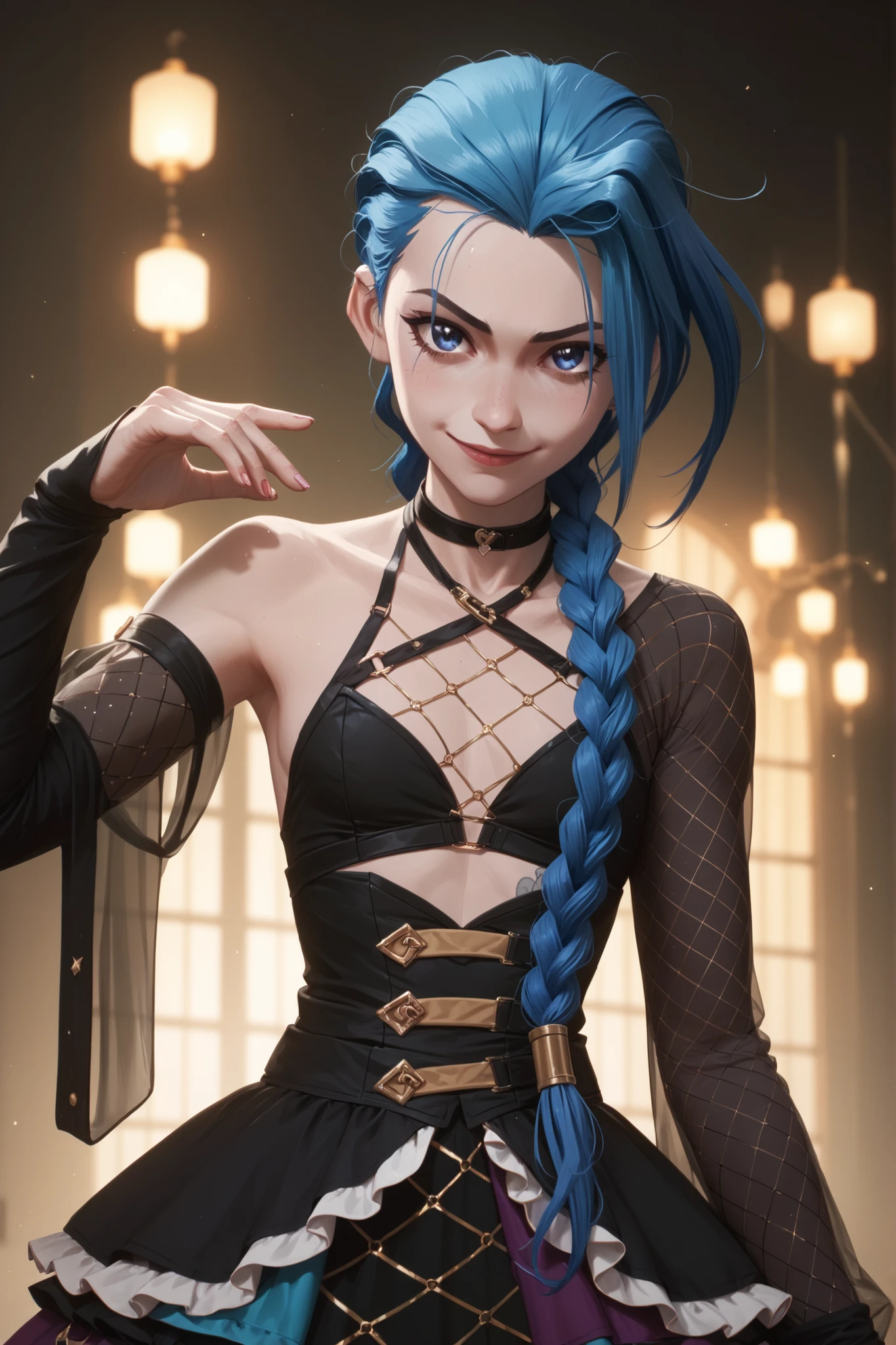 Lora: jinx, blue eyes and blue hair smirking small breasts beautiful net dress, full sleeves , flat chest (idol dress) party background yellow light, perfect perfect hair perfect hands