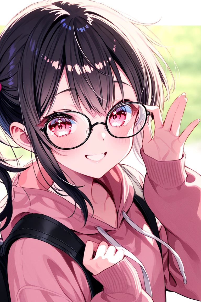 ultra-detailliert, Best Quality, High resolution, from above, ((A petite, black-haired, cute girl with a big face looks up.))、Pretty eyes、Detailed eye depiction、Eye sparkle、Sareme、Looking at Viewer, pale skin、(((Petite))), (nude)、(flat chest), (big glasses), (blush:1.2), (big eye:1.5), Shy smile, NSFW, Under the cherry tree, Focus on the face, Long hair with braids, ((Super close-up of the face))