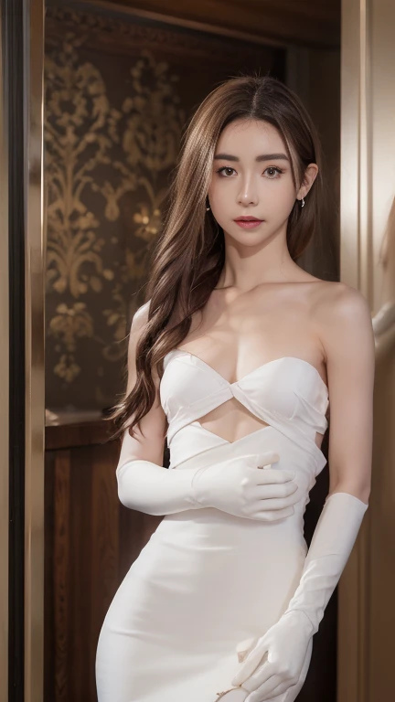 (photo realistic:1.55), masterpiece, best quality, detailed, blurry, depth_of_field, blurry_background, blurry_foreground, 1girl, gloves, white_gloves, dress, motion_blur, photo_\(medium\), solo, white_dress