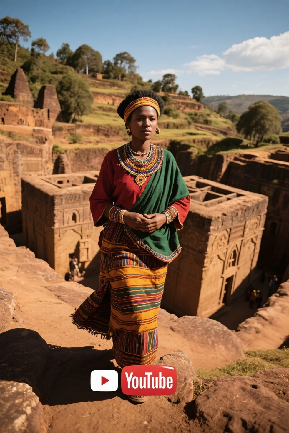 Create an animated image of a beautiful African girl looking heartbroken in her village, gazing at the distant palace, in a 16:9 aspect ratio."