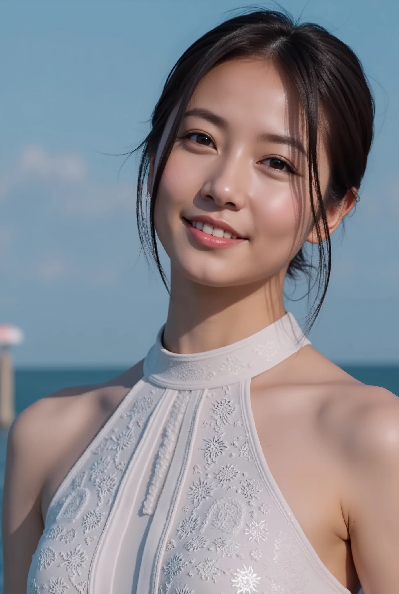 Beautiful woman with short hair in an overwhelmingly beautiful camisole、active pose