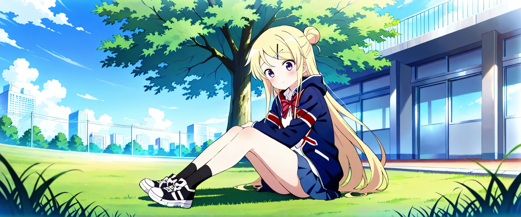 1girl, solo, long hair, looking at viewer, blush, blue eyes, skirt, blonde hair, shirt, hair ornament, bow, sitting, very long hair, school uniform, purple eyes, jacket, full body, pleated skirt, outdoors, sky, shoes, day, socks, hairclip, hood, bowtie, hair bun, black footwear, red bow, tree, single hair bun, grass, x hair ornament, black socks, building, sneakers, union jack,unwellness kujou karen