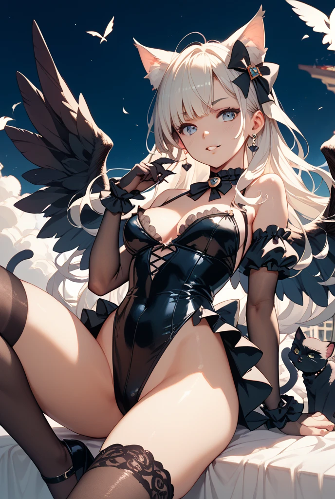 ((best quality)), ((masterpiece)), (detailed), 1girl, NSFW, long white grey hair, grey white eyes, very skinny, detailed, best quality, prominent collarbones, skinny arms, flat stomach, visible hip bones, small breasts, full body, blank white background, plain background, white background, red and white clothing, Bloodborne inspired, occult aesthetic, occult, detailed and intricate steampunk and detailed gothic, NSFW, Fluttering lace flared long knee length dress with frilly petticoats, knee length dress, pleated petticoats, petticoats gothic, complex lace boots, gothic aesthetic, wielding a mighty sword with mechanical components, mandalas, small breasts, a fairy, various different types of insect wings, bug wings, beetle wings, NSFW, full body, whole body, body, chains,