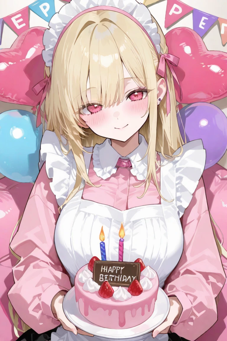 4K,One girl,A sense of depth,Confused,Capture the light,Very beautiful illustration,(((cake,heart,Hold in hand))),Valentine's Day,((Beautiful blonde,Two Side Up Hairstyle:1.3)),((Beautiful purple eyes:1.2)),;d,Beautiful, delicate, flowing hair,Emphasized breasts