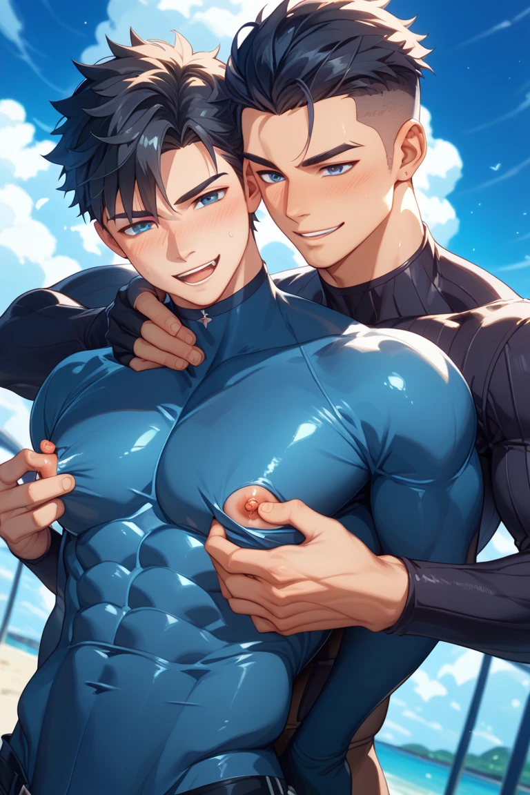 shy two males, one with blonde spiky curly hair and cyan eyes hugging happyly another feminen male with very short bowlcut cut dark blue hair and eyes with beauty marks on his face, no girl, no female