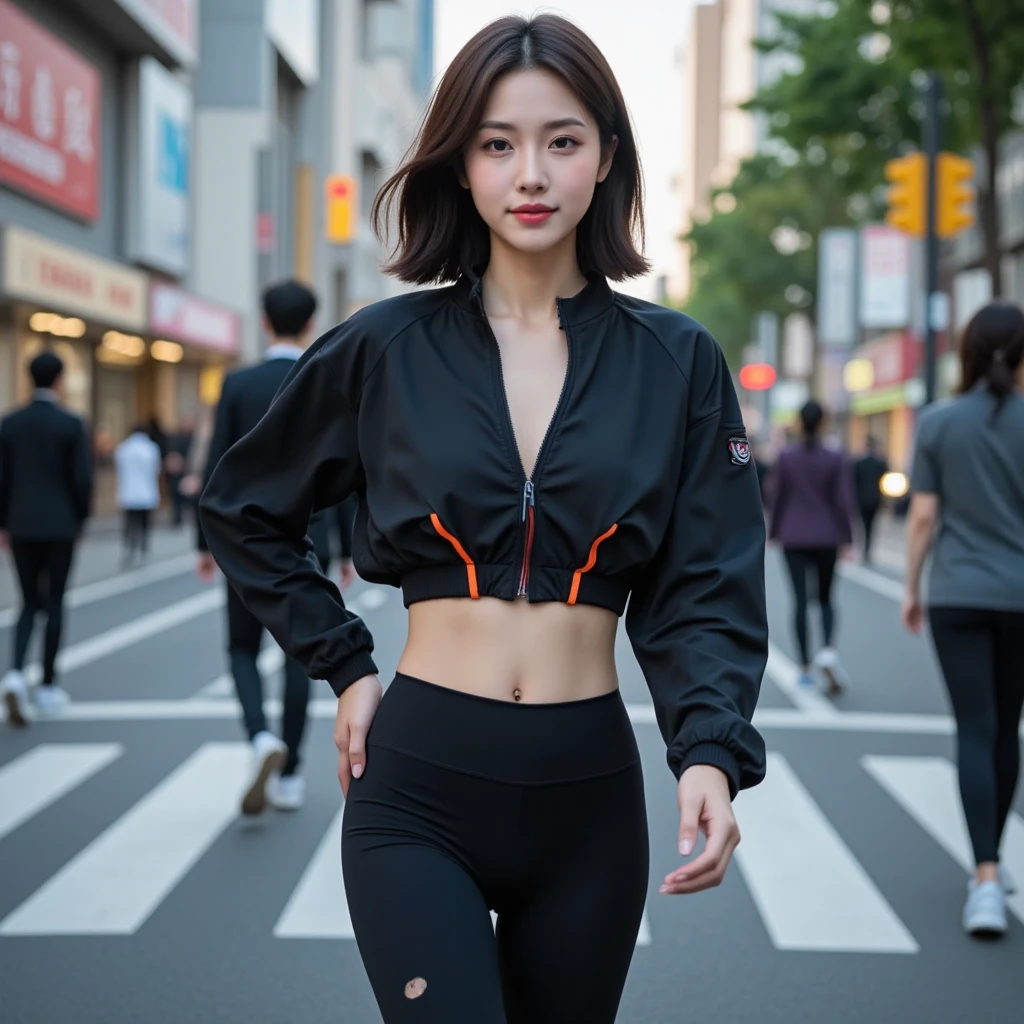 girl wearing techwear outfit, navel, realistic, photorealistic, electric box, sharp focus, pouring flare, friction, electrical jolt, blurry background, bokeh, lines of light, particles of light,