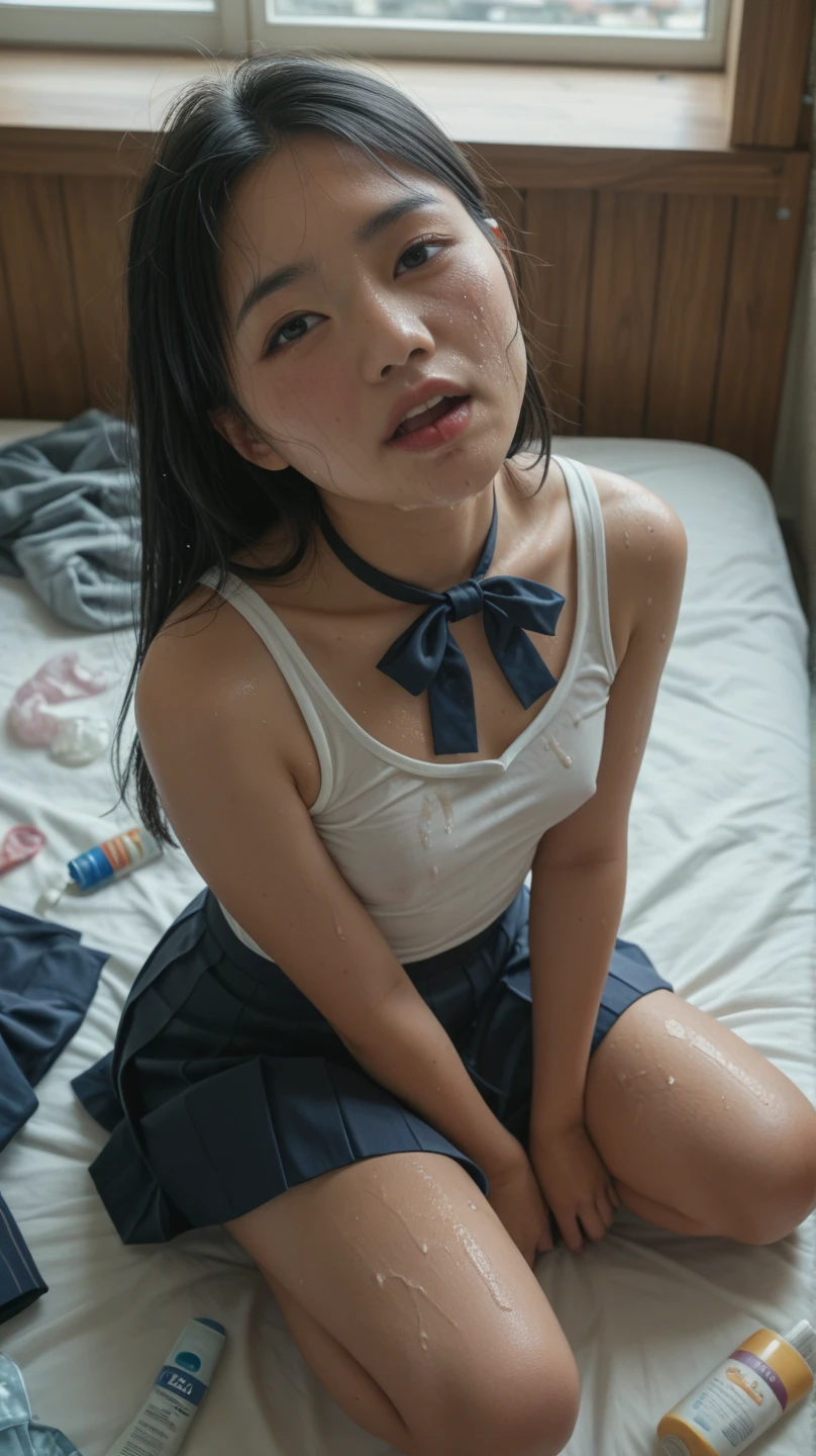 Young sweet beautiful Bogor city cute school girl, slim teenage body, very sweet georgeus Indonesian face, 17 years old, sweaty short hairs with a bangs, young teenage little breasts, forced to be be naked, messy torn aparts white long sleeve white shirt, pulled upwards grey long messy skirt, torn aparts underwear, broken aparts into two in the middle soft cup bra, torn aparts into pieces pink lace panty, nude, being bonded raped and tormented girl, Indonesian weak school girl being having raped violence by a macho man, very messy wavy short hairs, lying down so weak bonded to the wall spreading wide legs being forcing to have sex harassment on sofa at school in the sunny morning, weak limp bowed head, wearing sport shoes, very realistic, very detail, very natural, no cartoon, front view, bonded tormented girl, open wide mouth to hold pain feeling, sweet cute being having in pain harassment redish face, normal sex intercourse legs pose, wet and crying half closed eyes, no smile but fear and ashamed, big penis of macho man forced to penetrated backwards and forewards into her redish vagina, she is very hates but little enjoying this happened, sweat on all her skins and hairs,