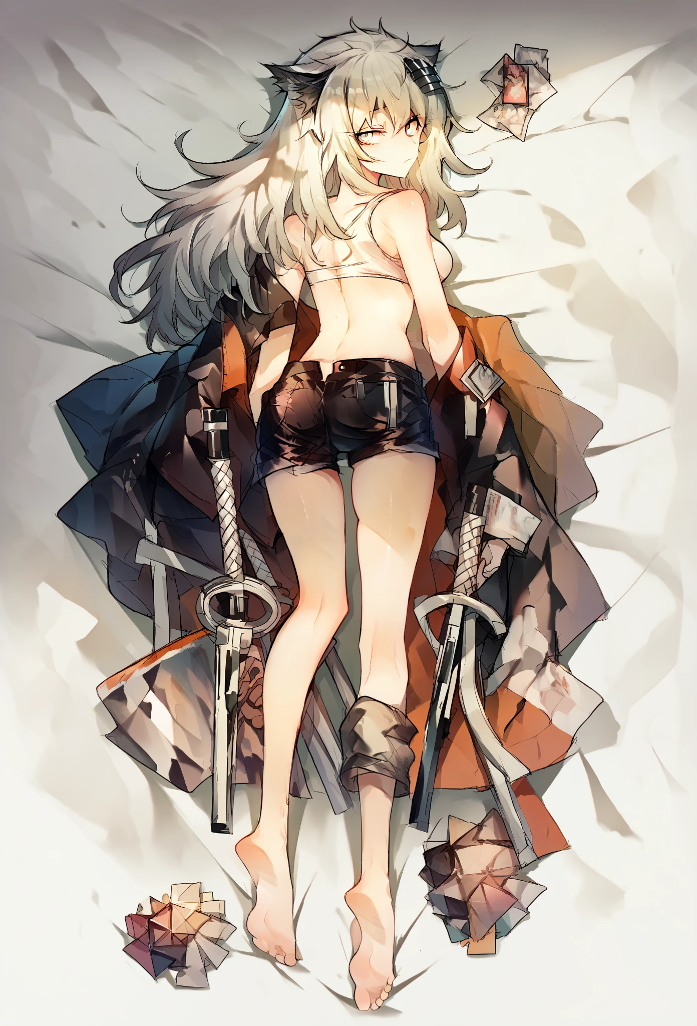 girl, nude , cloak, micro shorts ,,groin,((flat chest)),slender,long hair,(),white hair, battlefield
,gun, prisoner