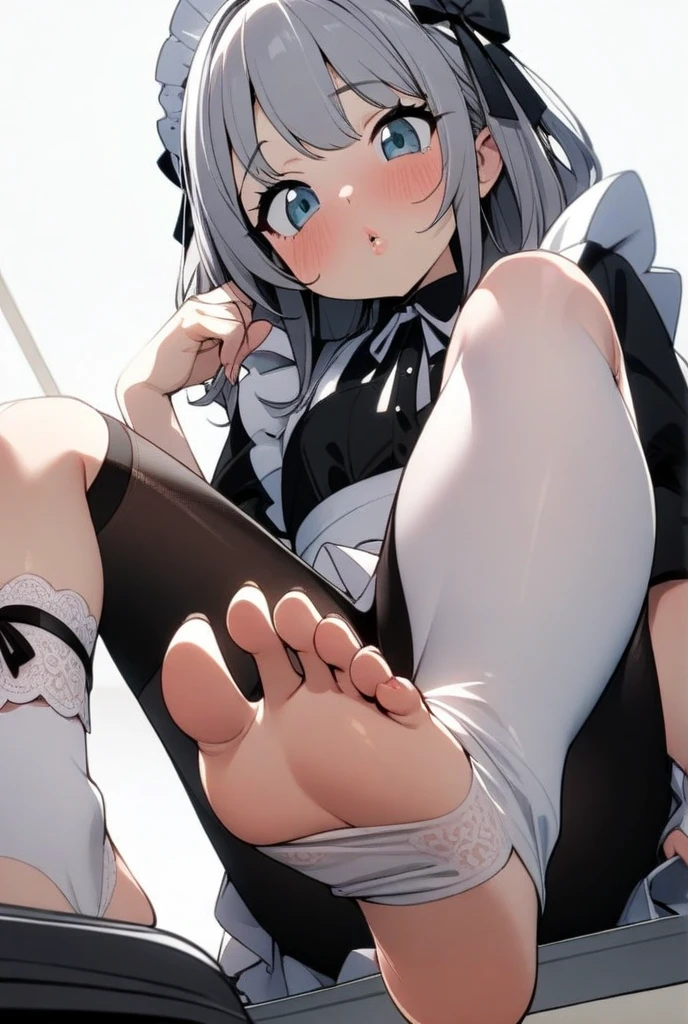 An anime maid has sexy feet, 5 toes on each foot and slight redness, the maid has a sweet face