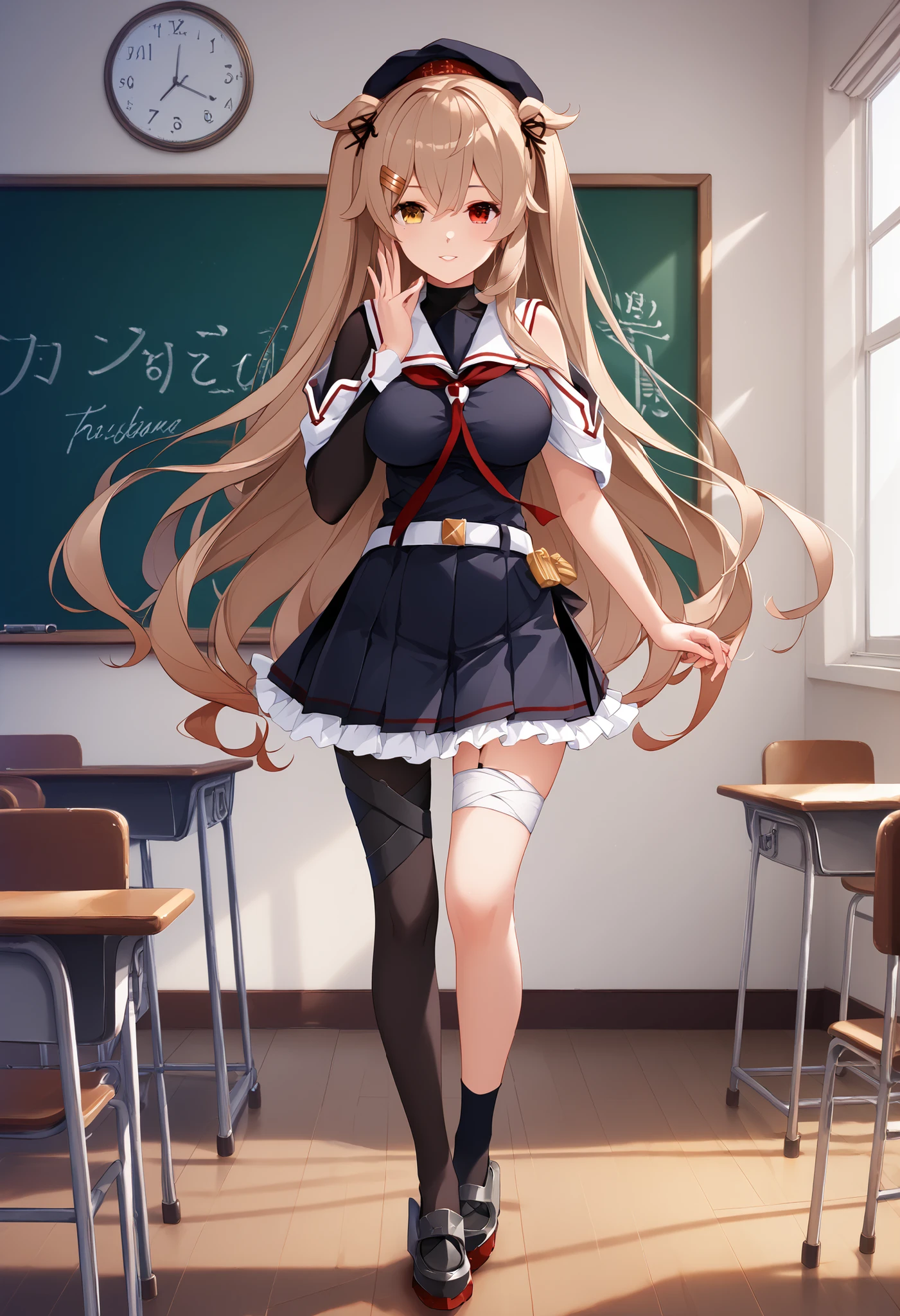 Murasame (KANCOLLE)、(Murayama Nikkantai collection), , score_9, score_8, score_7, source_anime, game CG ,masterpiece, Highest Quality, nsfw, masterpiece,Highest Quality,great quality,very aesthetic, light brown hair, 1 girl, solo, long hair, chest,hair ornament, , Red right eye, yellow left eye,, ribbon, uniform, hair ribbon, pleated skirt, sailor suit, hair clip, black thigh high socks, transparent ear cover, Black Skirt, two side up, heterochromia, Frilled Skirt, hair flap, Red Neckerchief, Asymmetrical Legwear, black sailor suit, uneven leg attire, asymmetrical clothes, white belt,black headwear,heterochromia, beret,sailor collar,bear shoulder,Inside is black,, classroom background, Big Breasts, slender body, full body shape ,