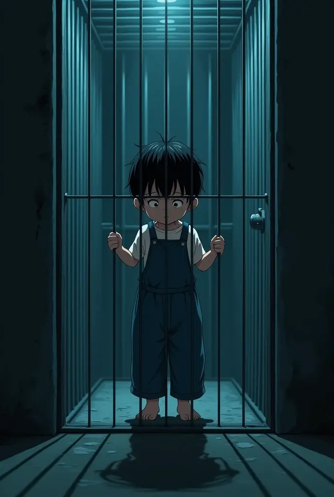 Cinematic anime style. manga art. TME0224 face, sad expression, (((a , 4 year old funny night (((wearing just baggy wide shorts))) (((hands grabbing the bars))), (((inside a tiny closed cage behind bars, standing with the arms grabbing the bars))). cinematic lighting, drop shadow, masterpiece, UHD, anatomically correct, textured skin, super detail, high details, high quality, best quality, 4K, full body, standing