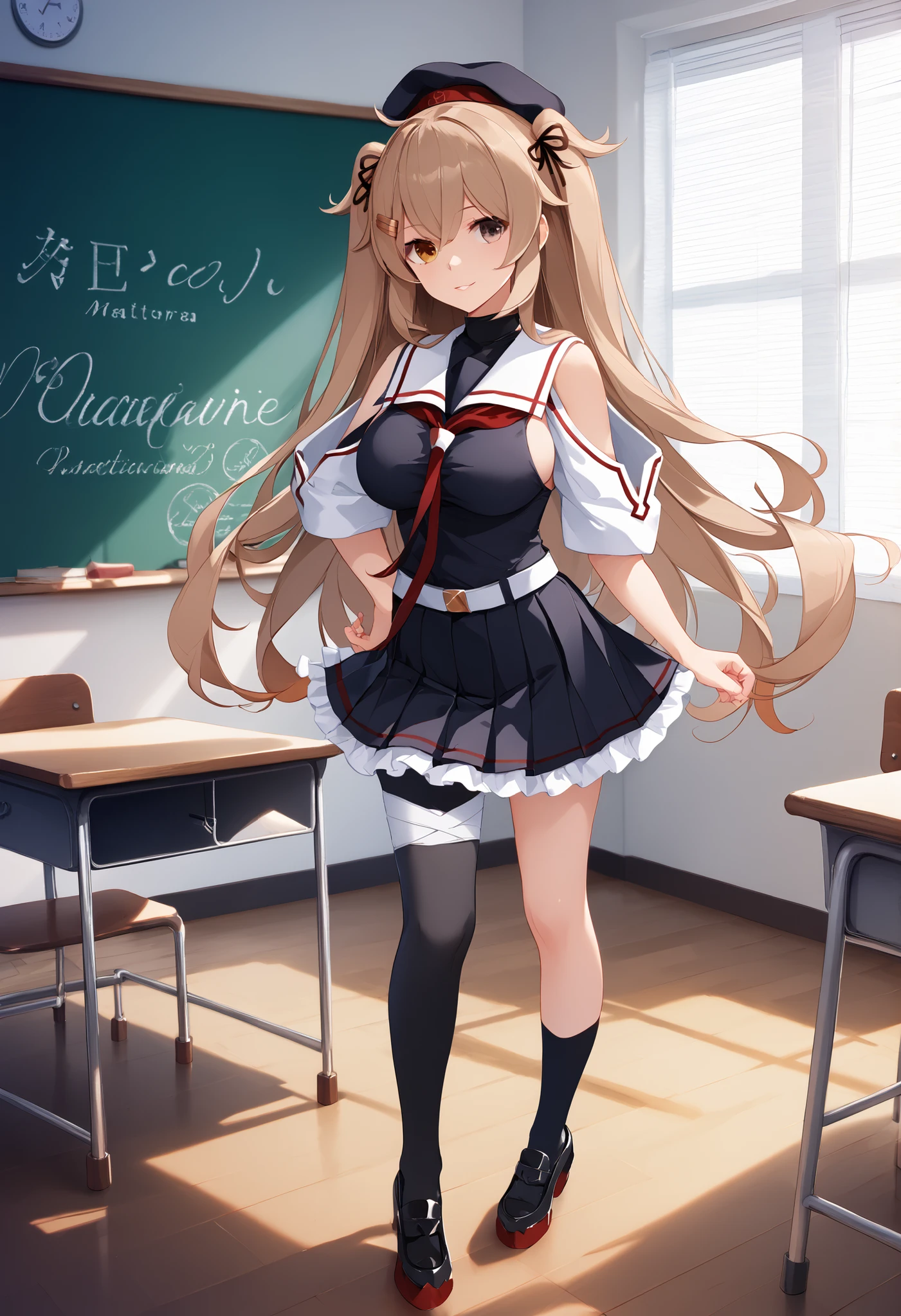 Murasame (KANCOLLE)、(Murayama Nikkantai collection), , score_9, score_8, score_7, source_anime, game CG ,masterpiece, Highest Quality, nsfw, masterpiece,Highest Quality,great quality,very aesthetic, light brown hair, 1 girl, solo, long hair, chest,hair ornament, , Red right eye, yellow left eye,, ribbon, uniform, hair ribbon, pleated skirt, sailor suit, hair clip, black thigh high socks, transparent ear cover, Black Skirt, two side up, heterochromia, ruffle skirt, hair flap, Red Neckerchief, Asymmetric Legwear, black sailor suit, uneven leg attire, asymmetrical clothes, white belt,black headwear,heterochromia, beret,sailor collar,bear shoulder,Inside is black,, classroom background, Big Breasts, slender body, full body shape ,