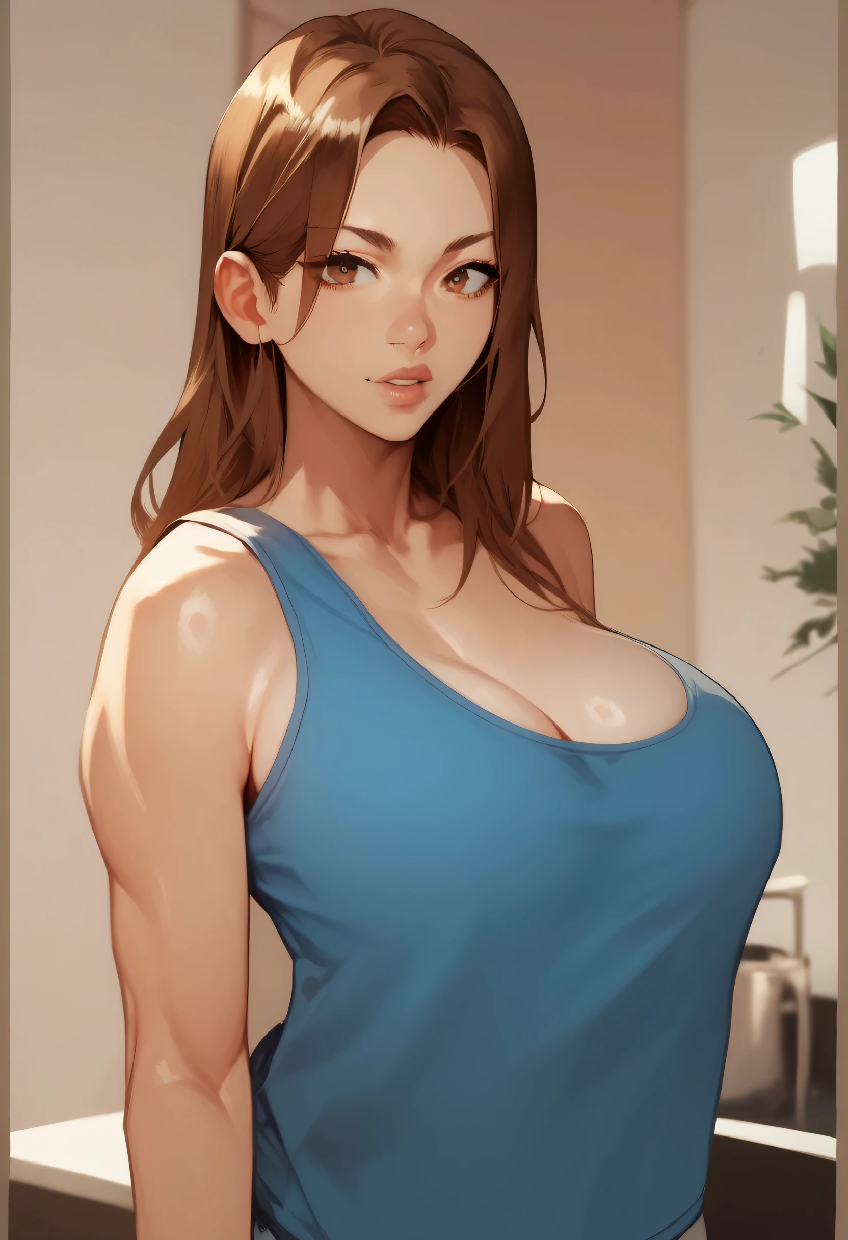 perfect face, feminine, brown hair, brown eyes, blue tank top, ((large breasts))