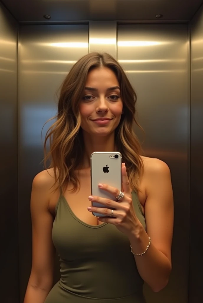 young female, well trained, 30 ans, visage naturel, Brown hair, Who's taking a selfie with their iPhone 15 in the locker room mirror while wearing a sports bra?