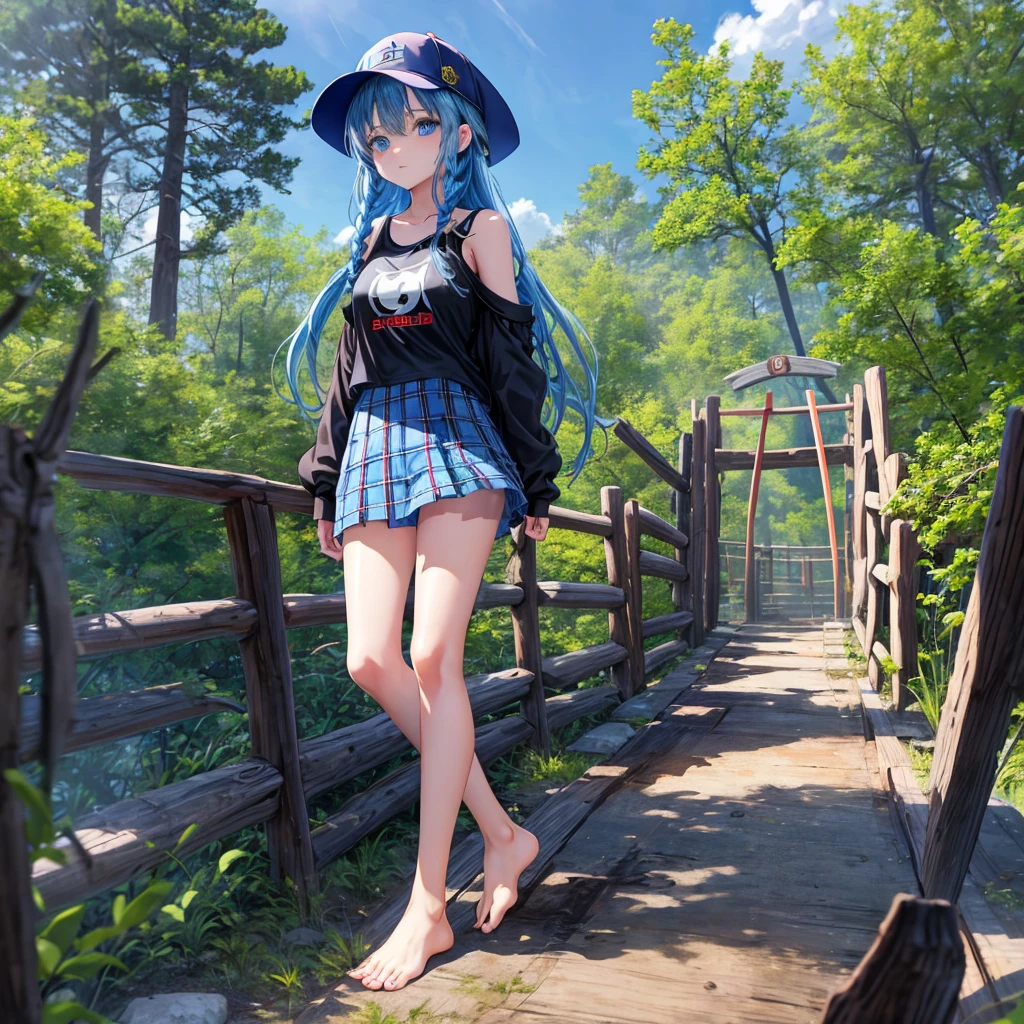 Blue hair、blue eyess、Braids、one good looking girl、独奏、animesque、Plaid miniskirt、Black T-shirt、camisole、the woods、Wearing a plaid baseball cap、bare-legged、Tilting your face、Walking、Crossing a log bridge while keeping balance、Doing the ribbon、have a twig、climbing the wooden stairs、falls、Blue Topaz、Sunset sky、Wearing headphones