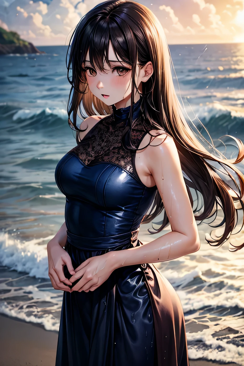 Dark Skinの女の子、masterpiece、One girl per photo、(Seaside、sitting on the beach、Brush your hair up、sexy)((Dark Skin、26-year-old girl、Sparkly Makeup、Mature face、Super big boobs、Dark Skin))((Dark Skinの色、Realistic Skin、Dark Skin))((Shining Eyes))((denim、Overalls Dresses、Damage、Extremely uper big boobs、Erotic))(((Embarrassed face、Mouth open)))((Long Hair、Elaborate hairstyles、Brown Hair))((Round big 、Narrow waist、Thin thighs、Long legs))((Dark Skin、色がDark Skin、Ultra-realistic、Perfect limbs、Perfect fingertips))Dark Skin、Attractive pose、short boots、大胆でsexyなポーズ、(((((Dark Skin、sexyショット、Spread your legs、Put your arms behind your back)))))