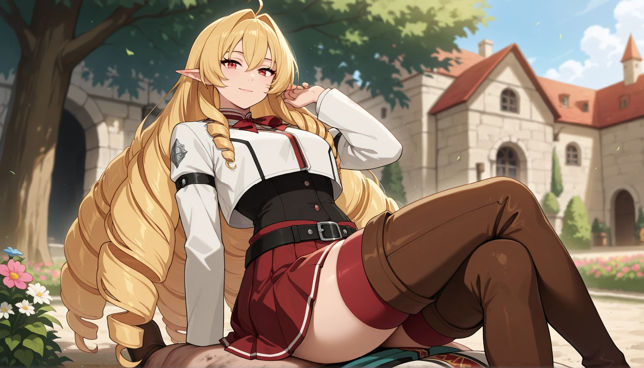 masterpiece, best quality, amazing quality, very aesthetic, intricate details, highly detailed background,,
1girl, 1boy,cowgirl position,closed mouth, light smile, adjusting hair,
very long hair, drill hair, hair intakes, ahoge, hair between eyes, blonde hair, red eyes, pointy ears,
cropped jacket, white jacket, red bowtie, long sleeves, black corset, black belt, pleated skirt, red skirt,
red thighhighs, thigh boots, brown footwear,
standing, crossed legs, looking at viewer,
medieval, building, tree, garden, flower, blurry background,break,1boy is fat man,dirty,election,