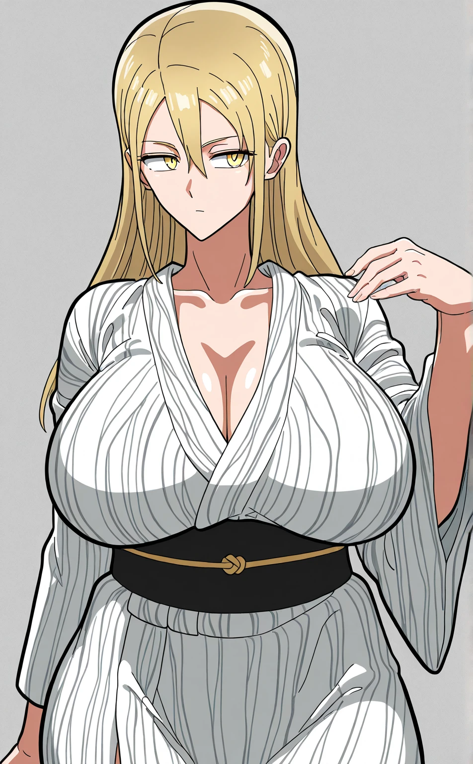 1girl full body standing, nice ass, BRIDESMAID, Hairstyle with a white braid, white color hair, BLINDFOLED, perfect lighting, muscular, thights, Mature woman, mummy, bellybutton, Abs, looks at the viewer (masterpiece, hiquality: 1.1) smile, Extremely huge breasts, Maternal, porcelain skin, extra very long hair, sparkly skin, good face
