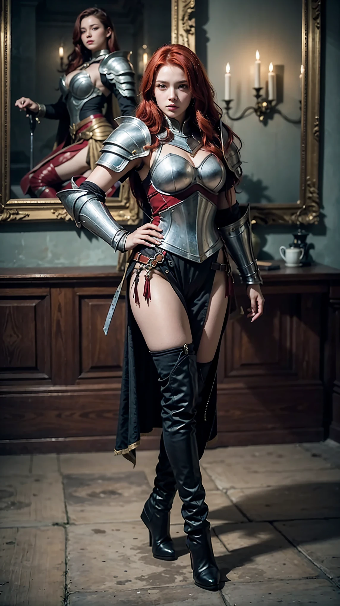 a painting of a woman with red hair and armor holding a sword, picture of female champion ,   Redheaded Templar Woman  , gorgeous female champion ,   beautiful character painting  ,  female champion  de fantasia mulher , Exquisite and epic character art, female champion , portrait of female champion ,   in Knight Armor  ,   red-haired queen in heavy red armor , beautiful cavaleiro, cavaleiro, Belle, PERSEPHONE, (fullbody:1.8)
