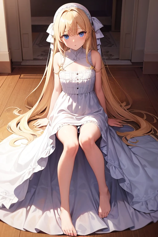 Masterpiece, one girl, solo, dressed in a frilly pink dress with white lace accents, Mary Jane shoes with black socks peeking out, delicately posed, ultra-realistic, shiny complexion, gentle smile, long blonde hair cascading over her shoulders, blue eyes sparkling with innocence, lively light and shadow, high-resolution image, pin-sharp focus, intricate details, expressive eyes with fine lines and realistic pupils.