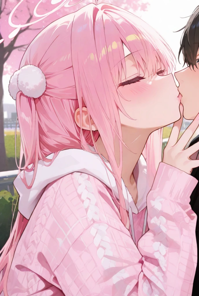 Girl with pink hair, long double-tailed hairstyle, ((small pink bushy eyebrows)),naked, lolicon, girl stroking his penis ,cum bubbling out her mouth, in a street, girl giving a stroking his penis to male, multiple vignettes