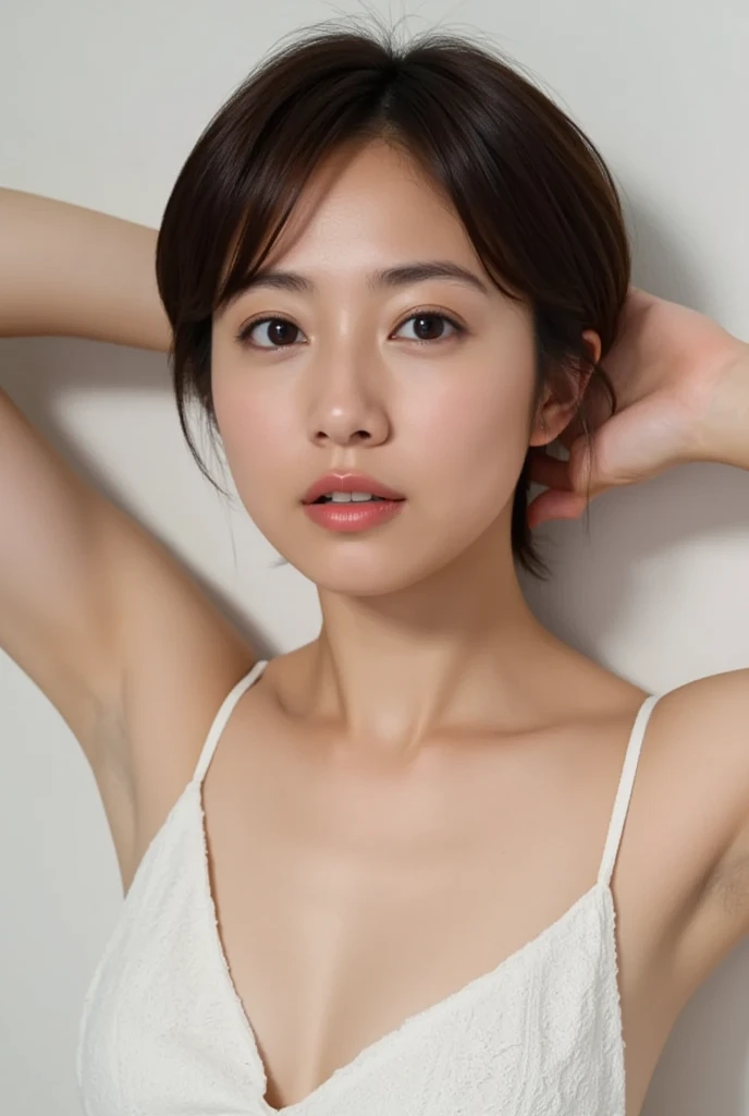 (8k, best quality, masterpiece:1.3), zoom out photograph, (From Above:1.5), (36 years old woman:1.1), (huge breasts:1.6), Asian face, beautiful black hair, short hair, light makeup, white skin,white T-shirt