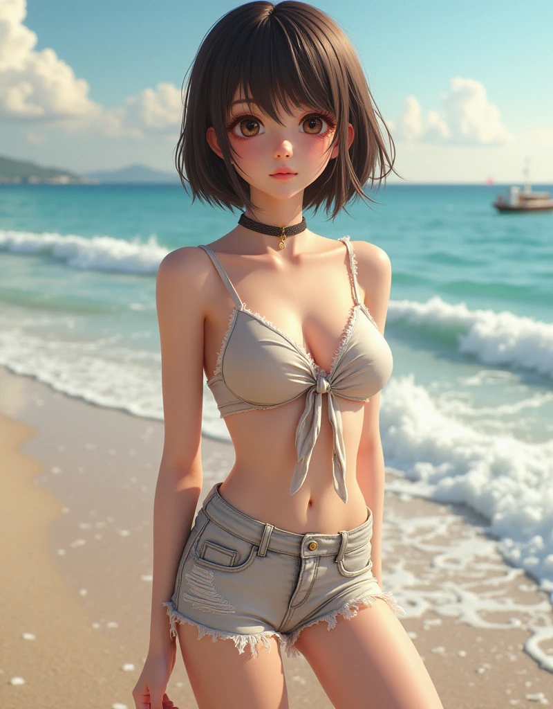 solo, 1 woman, Korean, short brown hair, brown eyes, sitting on the beach sand, wearing a black bikini, glowing skin,