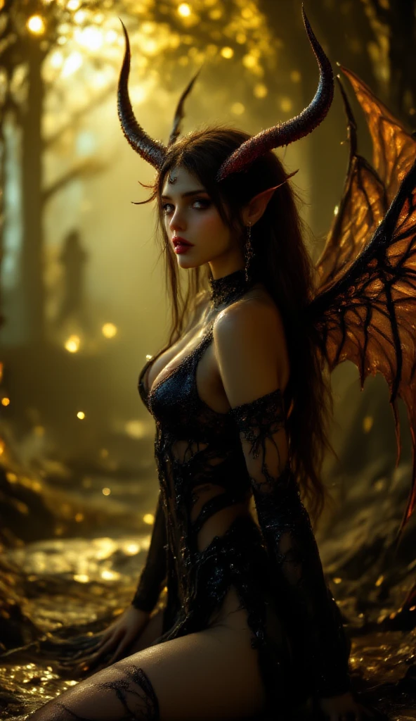 Has a body that is half angelic and half devilish、Beautiful and kind woman、(((Fallen angel with dragonfly and bat wings)))