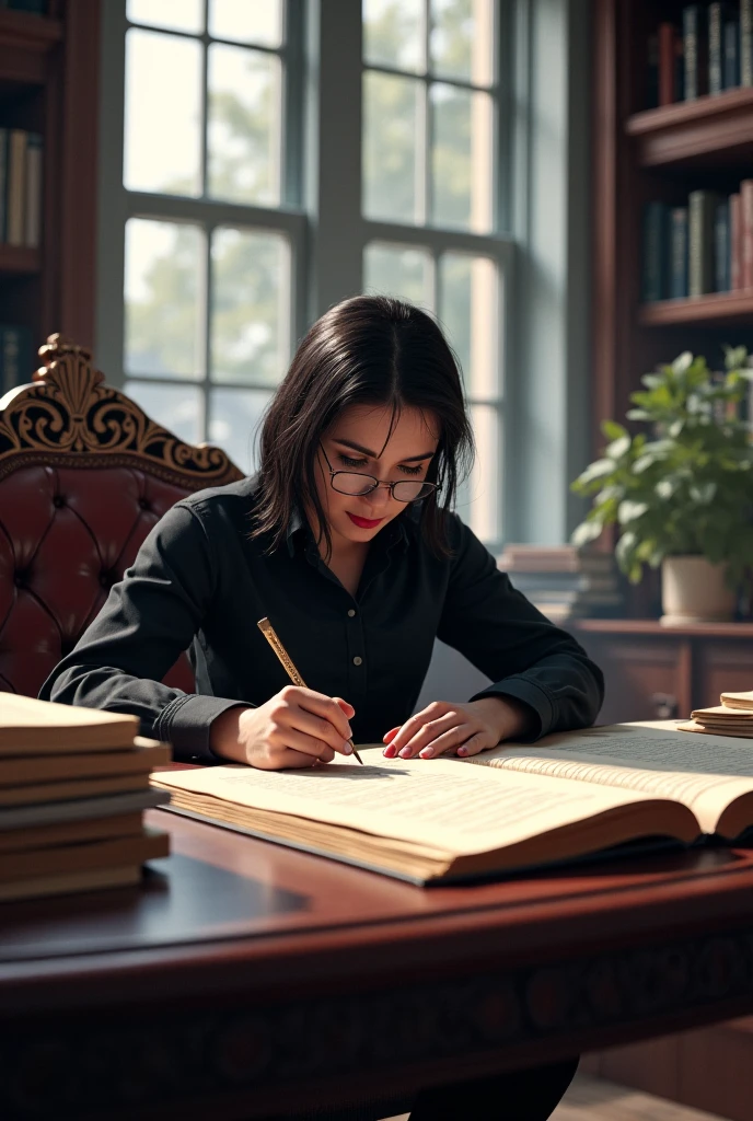 Artisan, Long black hair glasses, olhos castanhos trabalhando em suas papelaria, mesa com notebook e impressora, agendas, Pencils and pens, scissors... Name on the wall Sowing Love