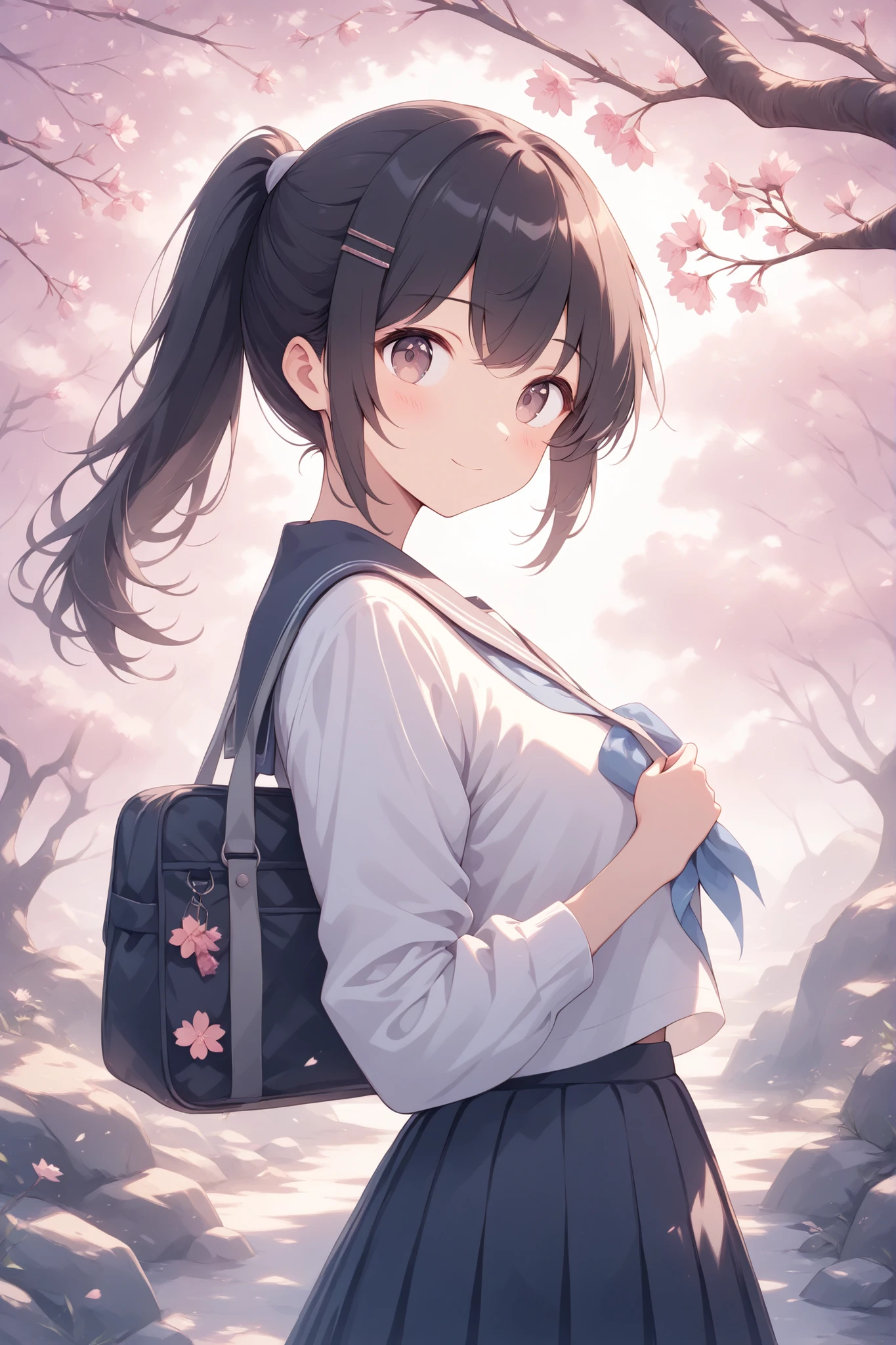 thin and soft painting style,school uniform,April,under the cherry tree,Female Students Heading to School with Expectations,black hair,ponytail,hairpin,carrying a bag in the back,Warm spring sunshine,Sakura Fubuki is beautiful,Soft Touch,soft atmosphere,delicate texture,Romantic Tones,clear々Hot Spring Sunshine,Graceful Standing Position,modest expression, college student ,4K resolution for hard hair,Superb Details,Primitive, Dreamy Texture, Delicate Hues ,High Quality Digital Paint,Soft, Soft Light
