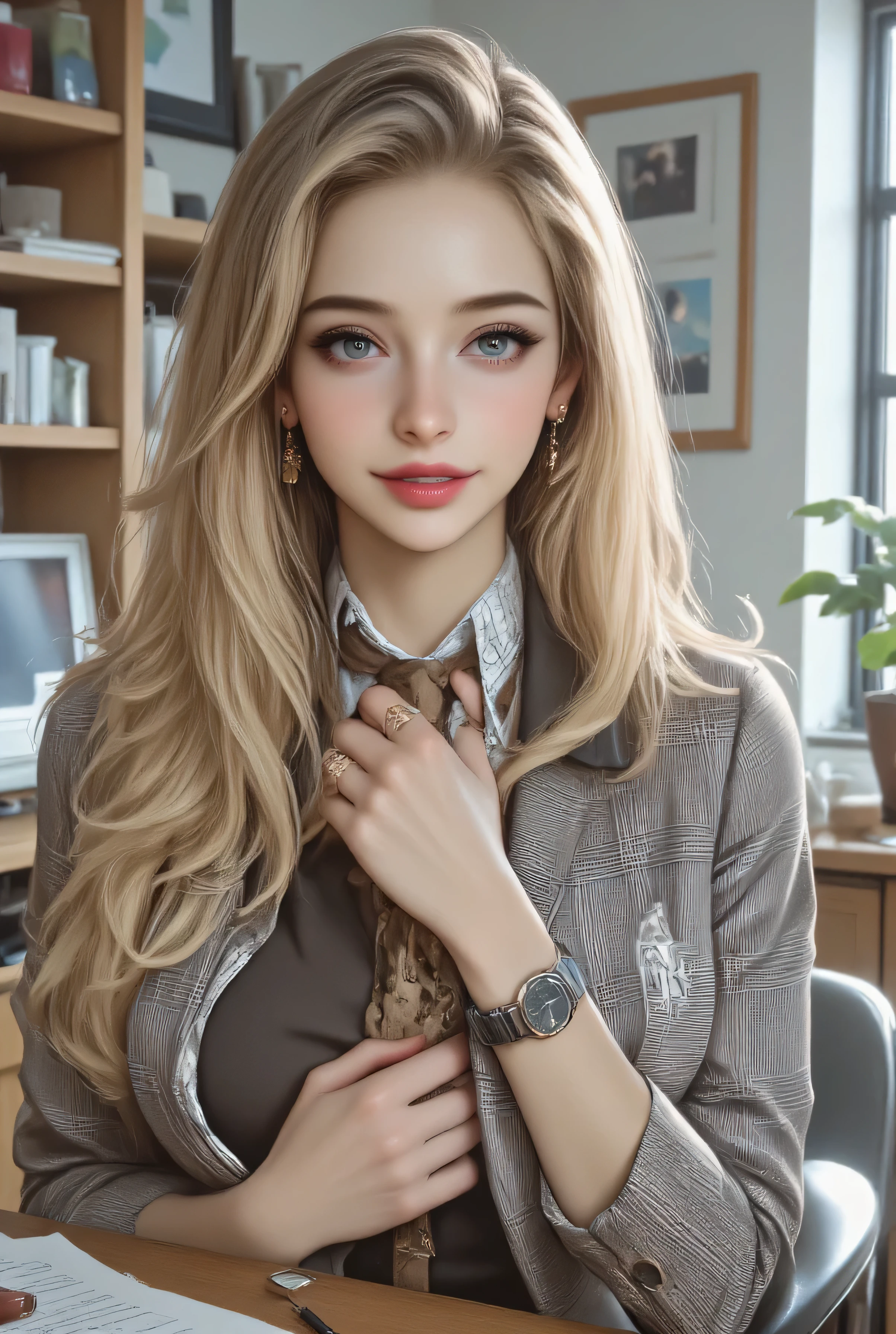 1 girl on break day, single, long hair, blue eyes, tiger teeth, earrings, Open your lips lightly, high resolution, masterpiece, Hair, Big Breasts, Phantom Engine , 4K, High Quality, realistic, Main, bright colors, depth of field effect、((sitting in the office and working at the desk:1.4))((wearing three-piece suit,grey plaid suit, brown silk necktie, grey plaid jacket, grey plaid skirt, wristwatch, white frilled shirt with white collar, cufflinks, black lapel rim:1.4)),