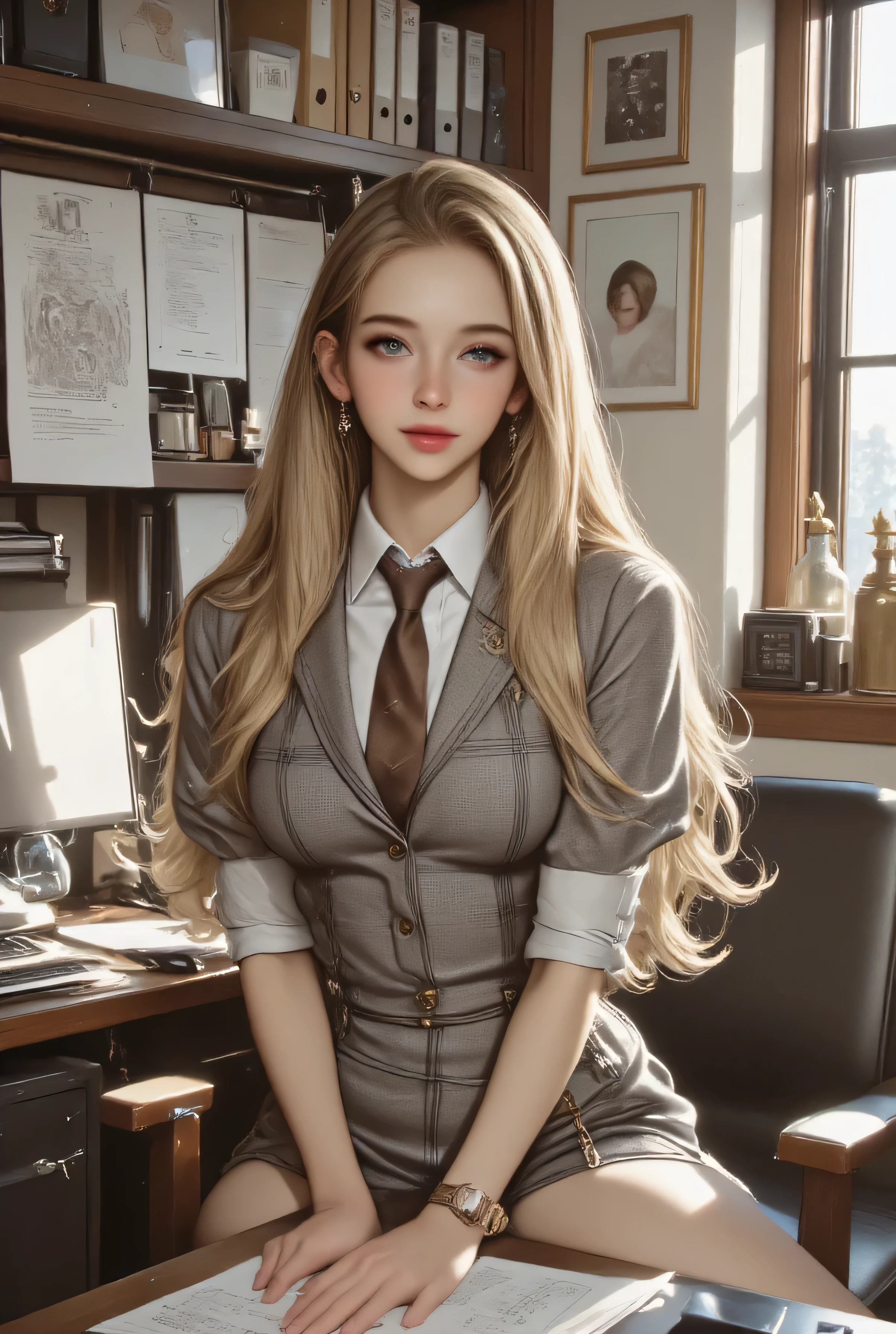 1 girl on break day, single, long hair, blue eyes, tiger teeth, earrings, Open your lips lightly, high resolution, masterpiece, Hair, Big Breasts, Phantom Engine , 4K, High Quality, realistic, Main, bright colors, depth of field effect、((sitting in the office and working at the desk:1.4))((wearing three-piece suit,grey plaid suit, brown silk necktie, grey plaid jacket, grey plaid skirt, wristwatch, white frilled shirt with white collar, cufflinks, black lapel rim:1.4)),