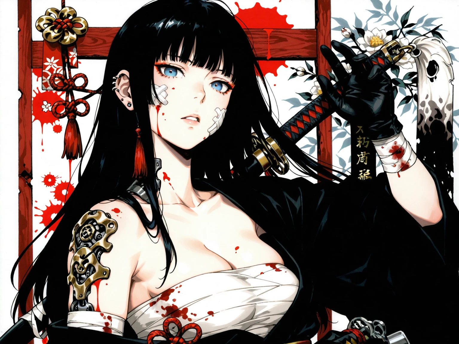 Kimetsu no Yaiba style, 1 mature, girl, red face markings, face tattoos, red eyes, a hashira, pretty, side bangs, red and white hair, white hair with red tips, red and white ombre hair, stylized hair, long hair, annoyed expression, noble, Pillar Demon Slayer, holding a sword, wearing black demon slayer uniform, black clothing, holding a red katana, large breasts, big breasts, cleavage showing, cleavage