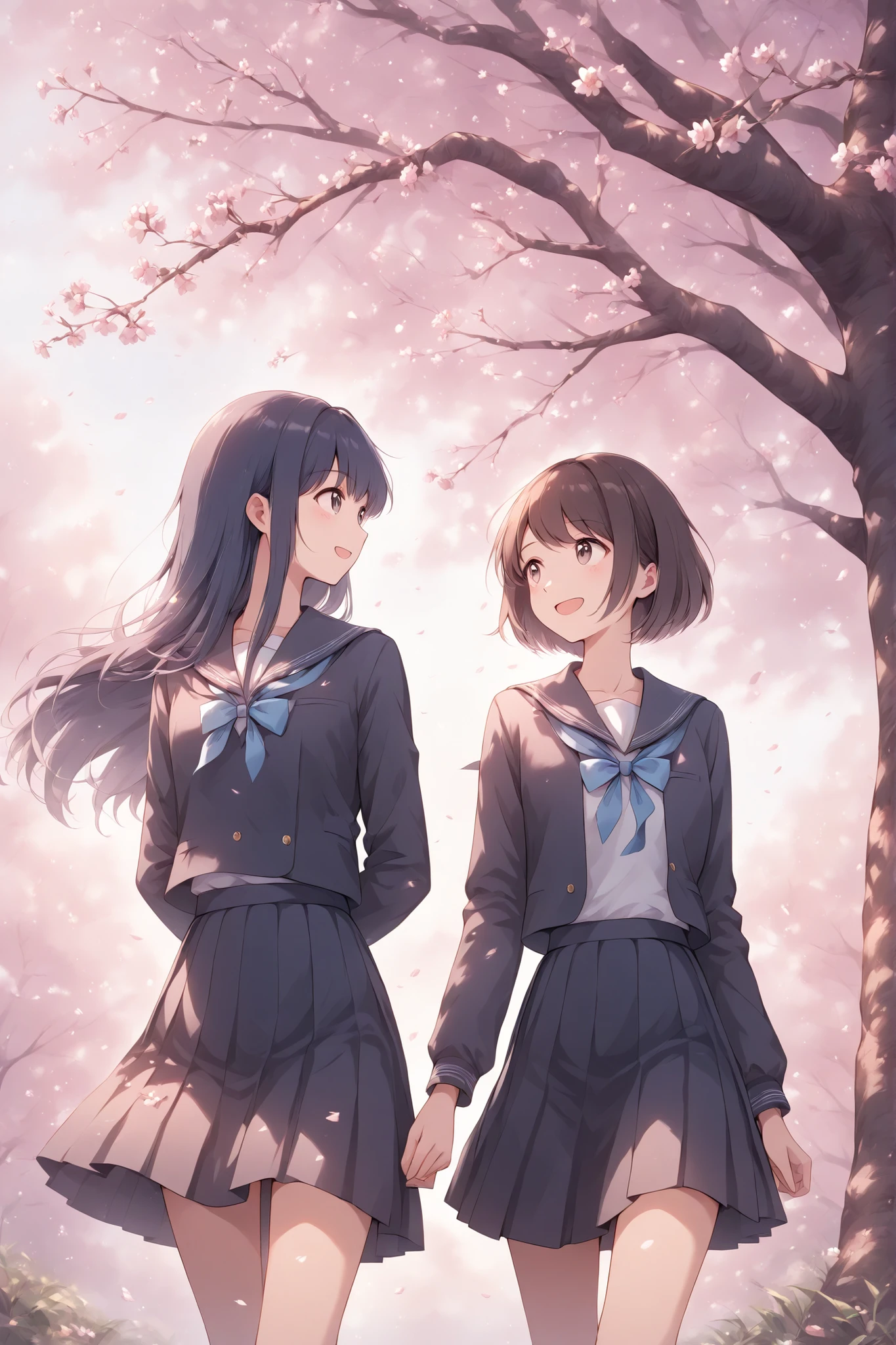 thin and soft painting style,school uniform,April,under the cherry tree,Female Students Heading to School with Expectations,two girls、Depiction of walking side by side while having a conversation,Laugh at each other、Fun Moments、Two people with short hair and long hair
