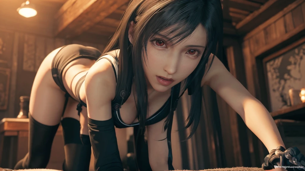Cinematographic lighting、8k、masterpiece、 Best Quality、Hand holding the head、1girl、(kneeking、Blowjob、From above)、(Gonzo Deepthroat、thick penises、Wet penis、and、Oral ejaculation、cum shots)、20yr old、(elongated eyes、(toppless、huge tit:1.3、Beautiful nipples 、big areolae:1.4)、Tifa Lockhart、Beautiful detailed red eyes、Suspender Black Skirt)、Thigh、Black knee-high socks、 Black Elbow Gloves)、Cinematographic lighting、 nabel、(Dark Prison、Dark Dungeon:1.5) , the background is blurred、Flapping hair、Adult beauty、(red blush:1.3)、Cums in the body、爆乳、male pubic hair、(saliva: 1.2)、cum on cheek、