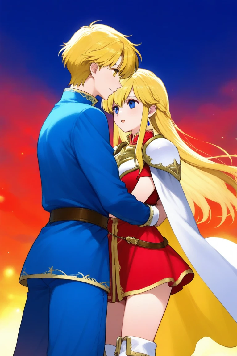 femme aux longs cheveux blonds ondulés et aux yeux bleus et un homme en costume, Sakimichan et Frank Franzzeta, délicat prince androgyne, Beau prince androgyne