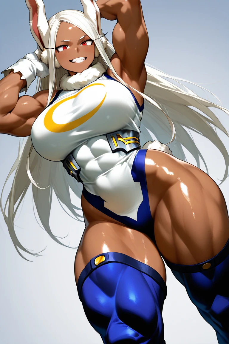 Rumi Usagiyama, long hair, animal ears, white hair, rabbit ears, dark-skinned female, muscular,
rabbit girl, muscular female, (red eyes:1.5), (parted bangs:1.5), (complete anatomy),
High resolution,Sharp focus,(Super detailed,Very detailed),(Very detailed CG unity 8k wallpaper),(((Vibrant colors))),{best illustration},
Complex eyes,Beautiful Eyes,Symmetrical eyes,Big eyes:1.5,Seductive eyes, (((dark skin,dark_skin,lustrous skin:1.5,bright skin: 1.5,
skin tanned, shiny skin,very shiny skin,Shiny body,plastic glitter, skin,exaggerated shiny skin,illuminated skin))),Perfect Fingers,
(Detailed body),(Detailed face)), cute,Lewd,erotic,Bold,Camel Toe,Revealing clothing,show skin,
(Huge hips:1.1),(Huge breasts, Glamour:1.2), Open legs wide, spread legs, Booty pose,((hip focus)),
jeans,Mini tank top,nsfw, slut,
Arrogant look, Domineering smile, Baring teeth,