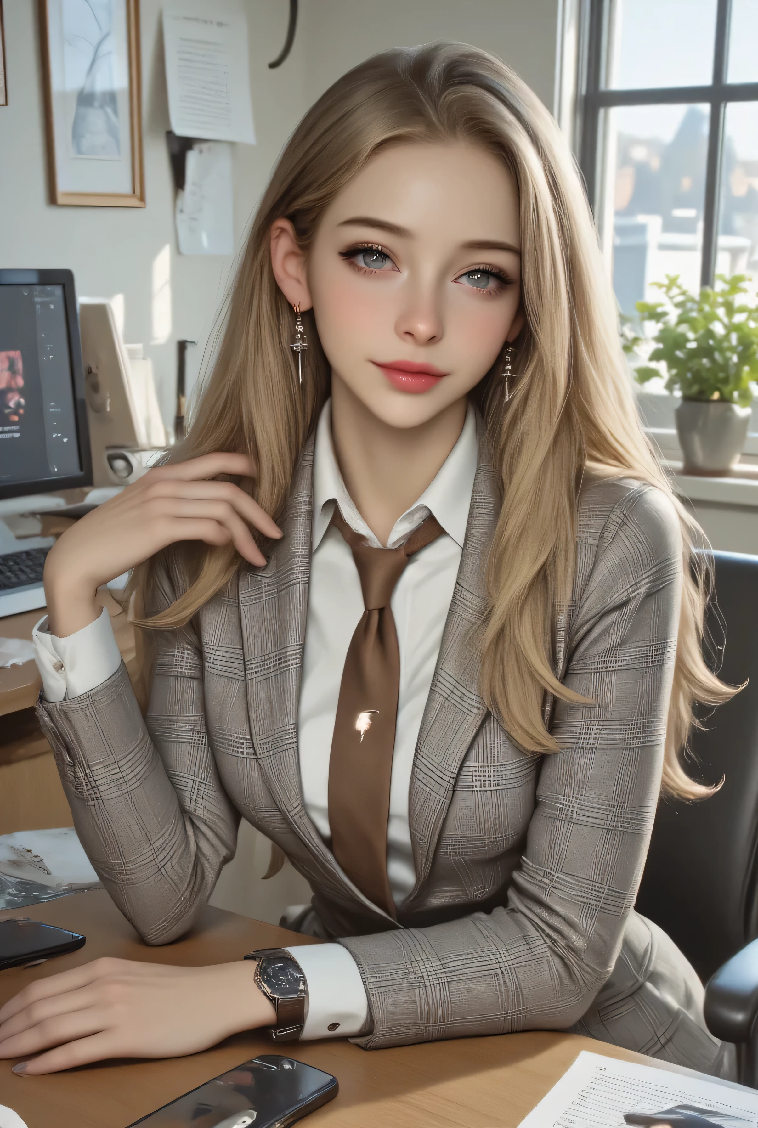 1 girl on break day,  single, long hair,  blue eyes, tiger teeth,  earrings, Open your lips lightly, high resolution, masterpiece,  Hair, Big Breasts,  Phantom Engine , 4K, High Quality, realistic, Main, bright colors, depth of field effect、((sitting in the office and working at the desk:1.4))((wearing three-piece suit,grey plaid suit, brown silk necktie, grey plaid jacket, grey plaid skirt, wristwatch, white frilled shirt with white collar, cufflinks, black lapel rim:1.4)), 