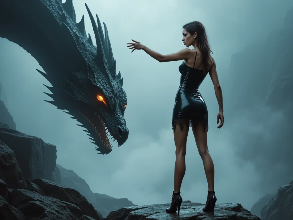 (best image quality, 4k, 8K, High resolution, masterpiece:1.2), (Super detailed realistic photo:1.37), (Serious situation:1.1), (A scene from an ancient Greek myth, The beautiful Princess Andromeda is sacrificed to the giant ugly monster the Kraken:1.2), Princess Andromeda is placed prominently in the foreground, Beautiful blonde princess with chains around her wrists, The world's most beautiful naked princess with blue eyes, unable to escape, photo taken from behind:1.2), She is an innocent maiden,(Her hands were shackled, It is attached to a reef by a long chain:1.6), (Princess Andromeda's life is in danger:1.1), (Far away Kraken, a man-eating monster, reveals its upper body from the sea and approaches the princess, mouth full of fangs, terrifying figure resembling a deformed god from the Cthulhu mythos, life-threatening situation, detailed and precise description, detailed shapes, strong shadows, (Firm texture:1.1), (eerie atmosphere, eerie clouds, A ladder to heaven growing from the clouds, dark lighting, Muddy seawater:1.2), The princess's desperate expression, Bare feet with scars, The muscles rippling across the monster's upper body, The monster's scales shine in the light, artistic style, dark fantasy, Scary mythical creatures, dramatic composition, creepy lighting, The spotlight falls on the princess and the monster, (Amazingly powerful and realistic compositions by Greg Rutkowski:1.2)